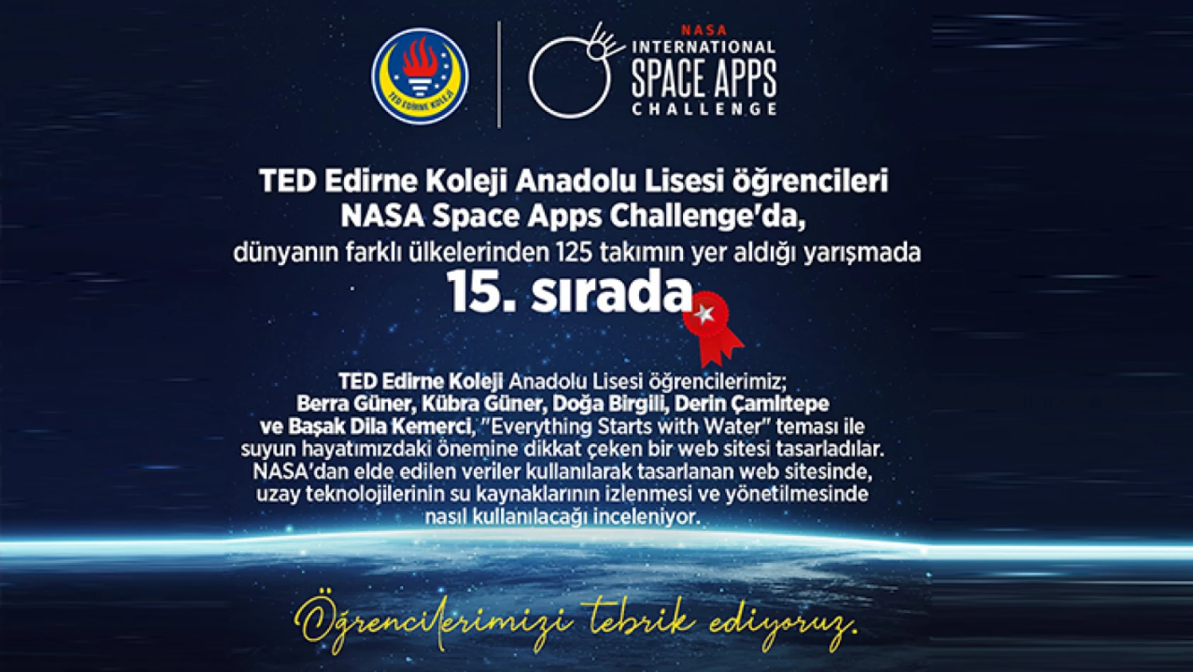 TED Edirne Koleji Öğrencileri NASA'dan elde edilen verilerle web sitesi tasarladı