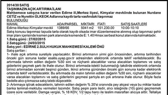 Taşınmazın Açık artırma İlanı