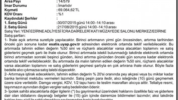 Taşınmazın Açık Arttırma İlanı