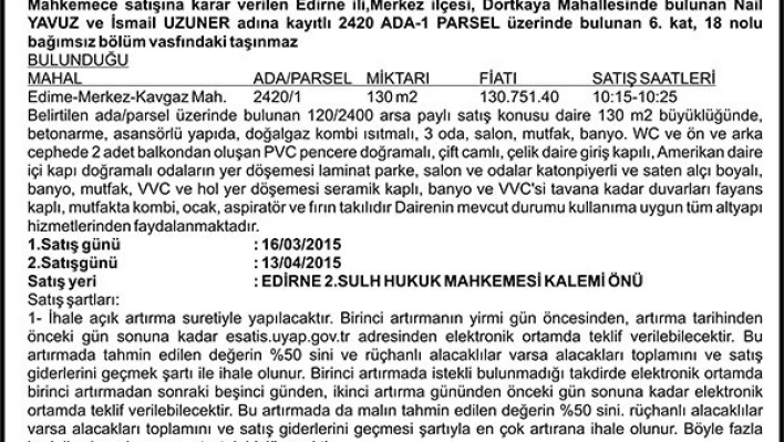 TAŞINMAZIN AÇIK ARTIRMA İLANI