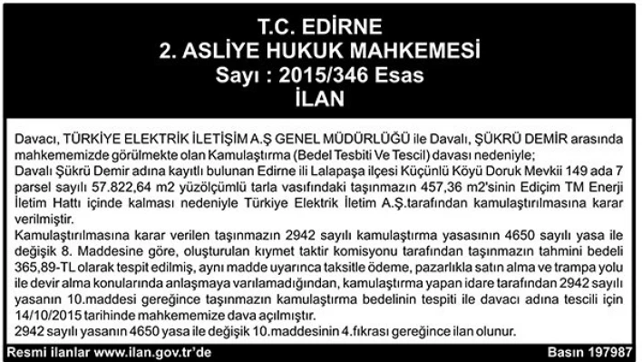 Sayı : 2015/346 Esas  İLAN