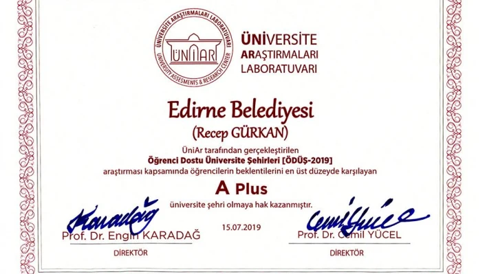 Edirne'ye A Plus Belgesi