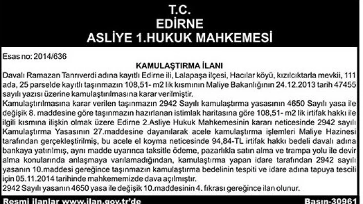 KAMULAŞTIRMA İLANI