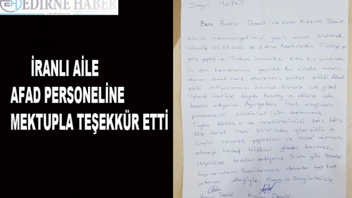 İranlı aile AFAD personeline mektupla teşekkür etti