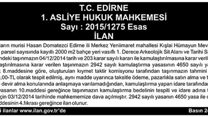İLAN  Sayı : 2015/1275 Esas