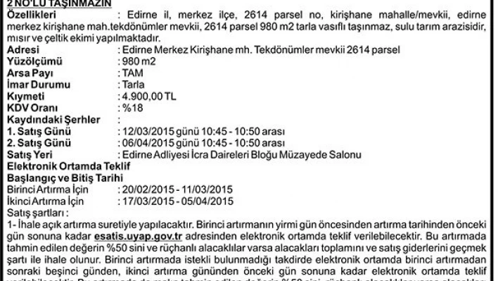 TAŞINMAZIN AÇIK ARTIRMA İLANI