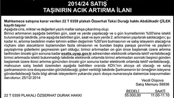 TAŞINIRIN ACIK ARTIRMA İLANI