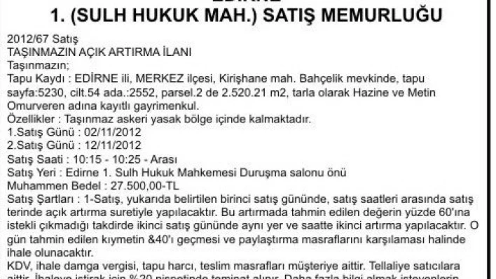 1. Sulh Hukuk Mahkemesi satış ilanı