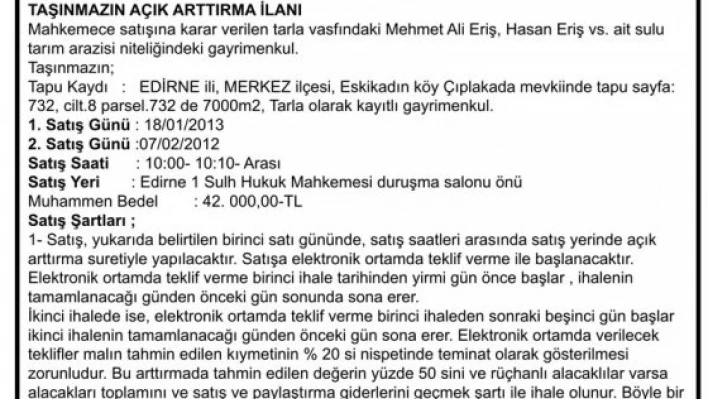 1. Sulh Hukuk Mahkemesi Satış Memurluğu
