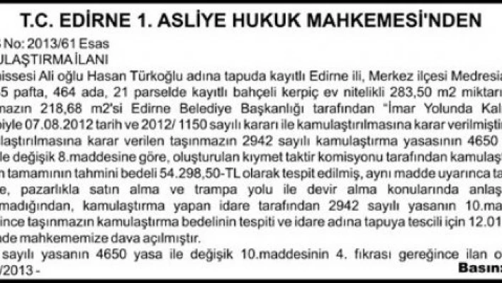 T.C. EDİRNE 1. ASLİYE HUKUK MAHKEMESİ'NDEN