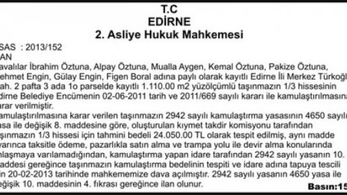 T.C EDİRNE 2. Asliye Hukuk Mahkemesi ilanı