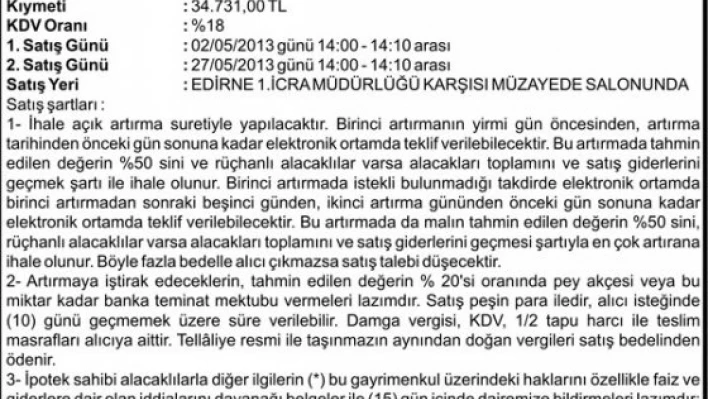 TAŞINMAZIN AÇIK ARTIRMA İLANI