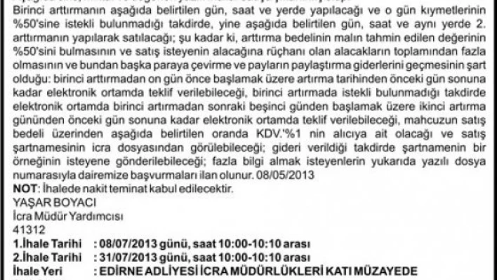 Taşınırın açık artırma ilanı