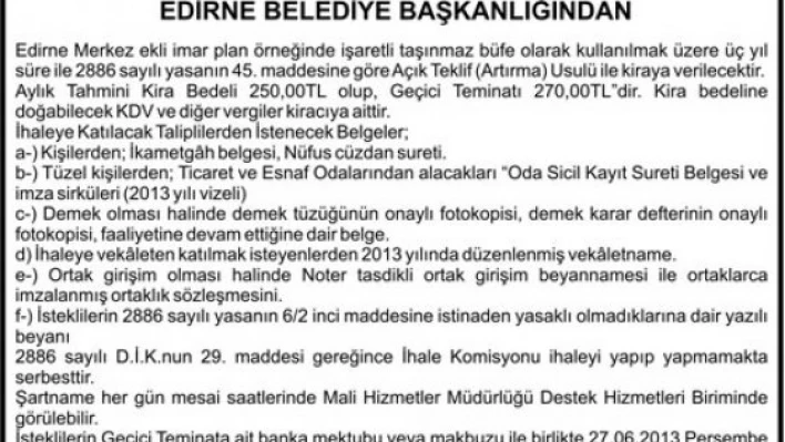 T.C. Edirne Belediyesi'nden açık artırma ilanı