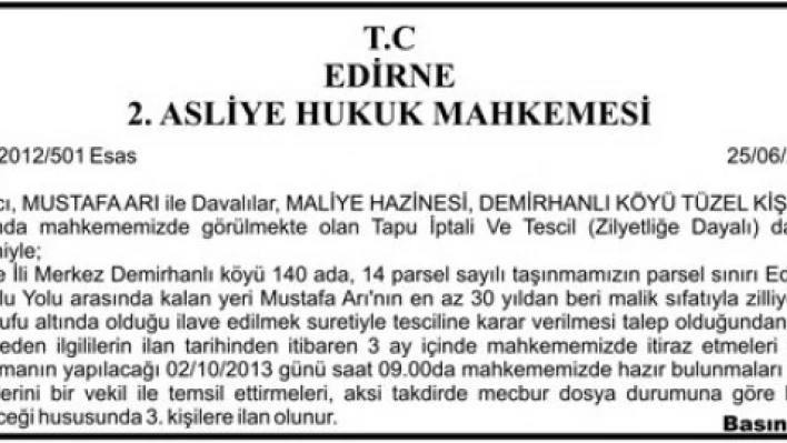 T.C. Edirne 2. Asliye Hukuk Mahkemesi'nden ilan