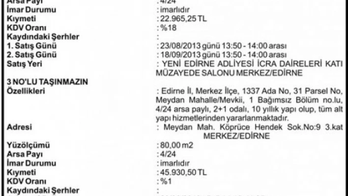 Taşınmazın açık artırma ilanı