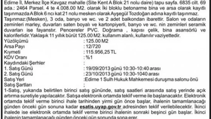 Taşınmazın açık artırma ilanı