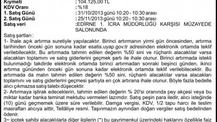 Taşınmazın açık artırma ilanı
