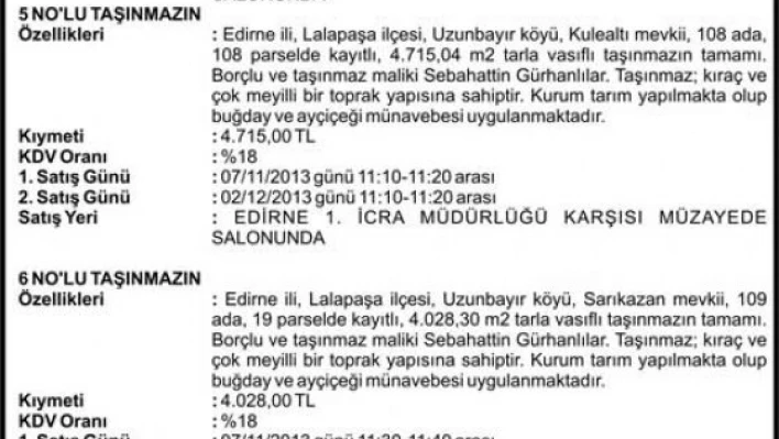 Taşınmazın açık artırma ilanı
