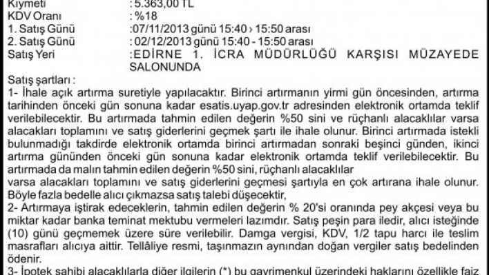 Taşınmazın açık artırma ilanı