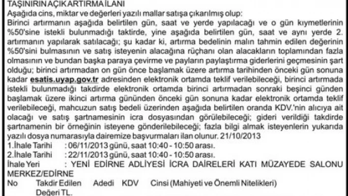 Taşınırın açık artırma ilanı