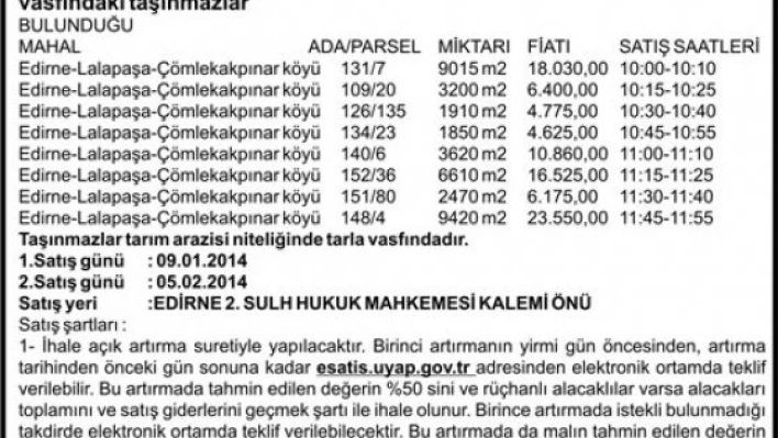TAŞINMAZIN AÇIK ARTIRMA İLANI 