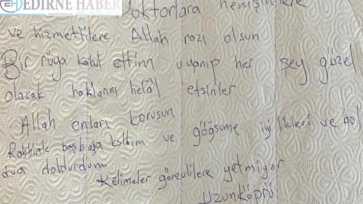 Sağlık çalışanlarına şükran duygularını kağıt havluya yazdı