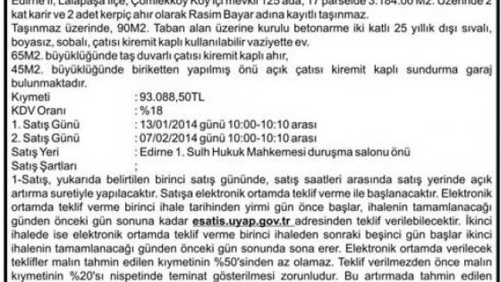 TAŞINMAZIN AÇIK ARTIRMA İLANI
