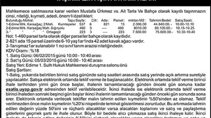 2014/50 SATIŞ TAŞINMAZIN AÇIK ARTIRMA İLANI