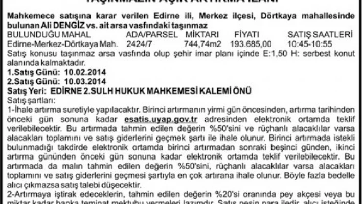 TAŞINMAZIN AÇIK ARTIRMA İLANI