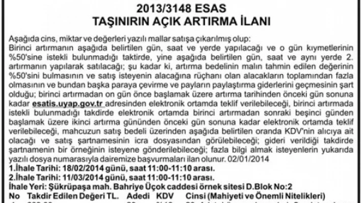 TAŞINIRIN AÇIK ARTIRMA İLANI