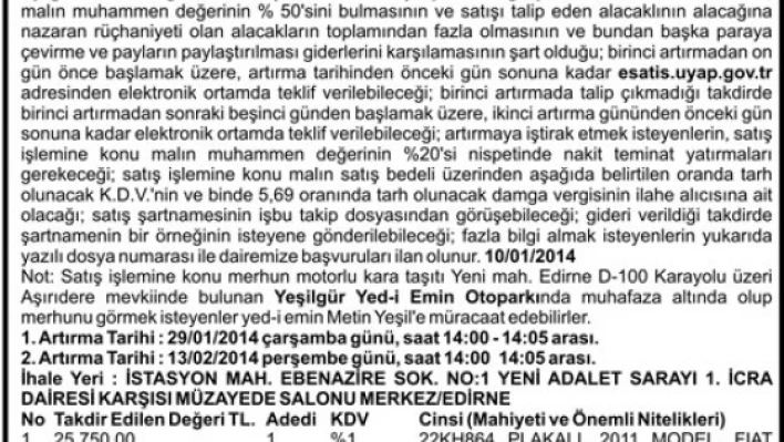 Taşınırın açık artırma ilanı