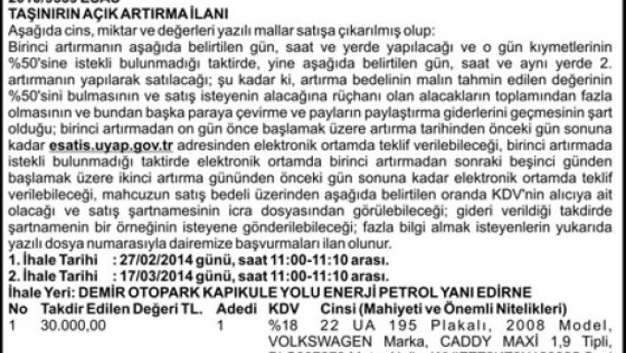 TAŞINIRIN AÇIK ARTIRMA İLANI