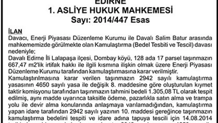 T.C. EDİRNE 1. ASLİYE HUKUK MAHKEMESİ Sayı: 2014/447 Esas