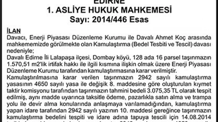 T.C. EDİRNE 1. ASLİYE HUKUK MAHKEMESİ Sayı: 2014/446 Esas