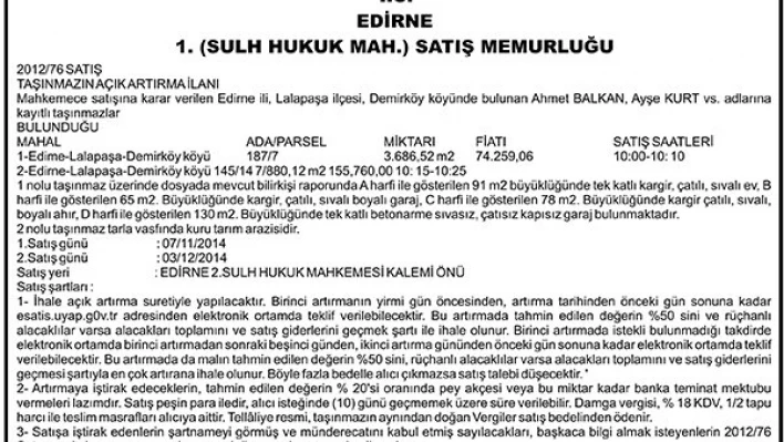 1. Sulh Hukuk Mahkemesi Satış Memurluğu