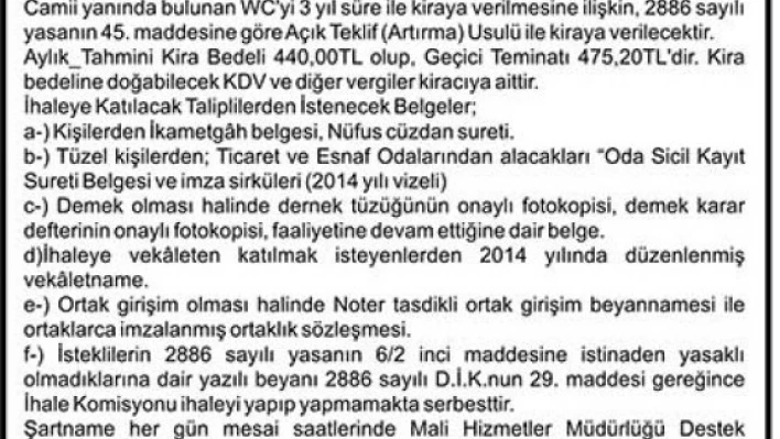 İLAN Kiralık WC İşletmesi