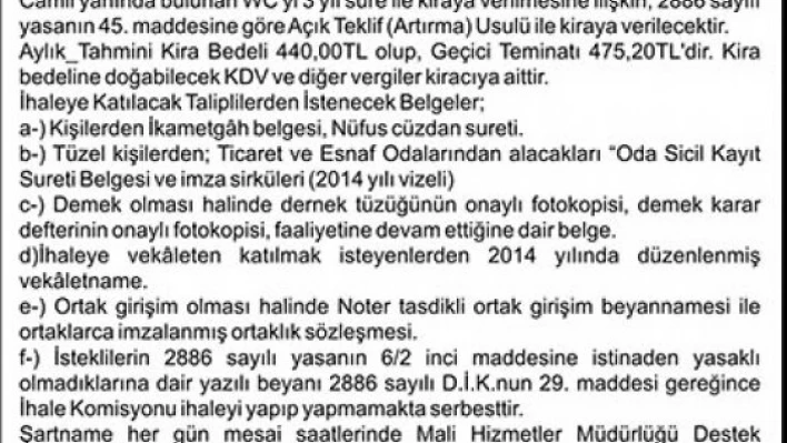 İLAN Kiralık WC İşletmesi