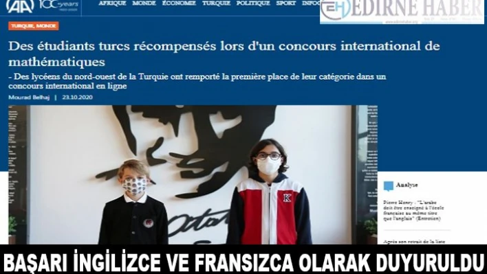 BAŞARI İNGİLİZCE VE FRANSIZCA OLARAK DUYURULDU