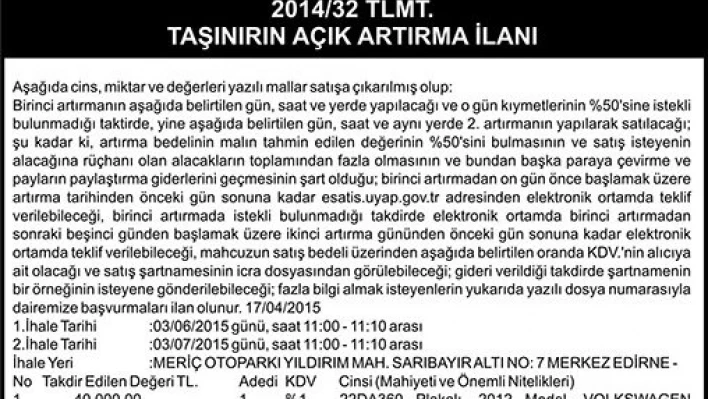 TAŞINIRIN AÇIK ARTIRMA İLANI