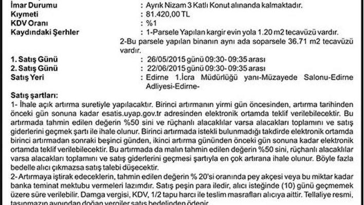 TAŞINMAZIN AÇIK ARTIRMA İLANI
