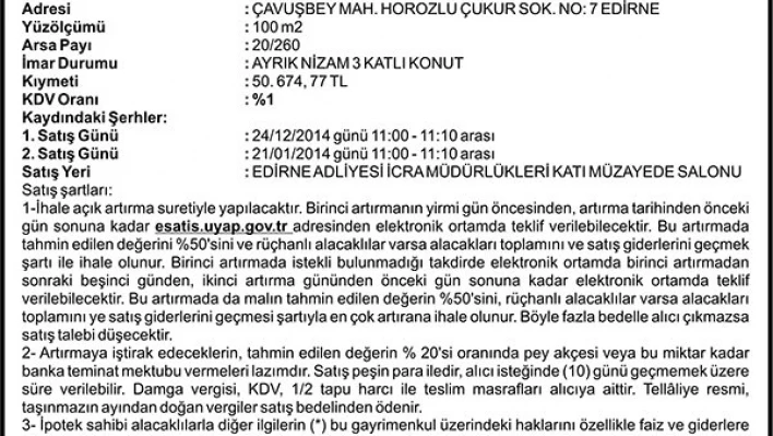 TAŞINMAZIN AÇIK ARTIRMA İLANI
