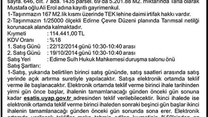 TAŞINMAZIN AÇIK ARTIRMA İLANI