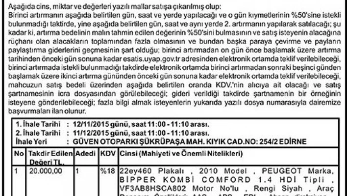Taşınırın açık artırma ilanı