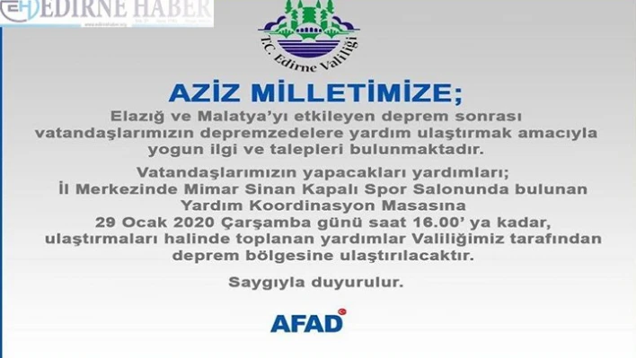 'Yardım Koordinasyon Masası' oluşturuldu