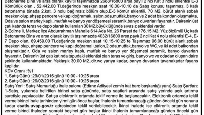 2015/59 SATIŞ TAŞINMAZIN AÇIK ARTIRMA İLANI