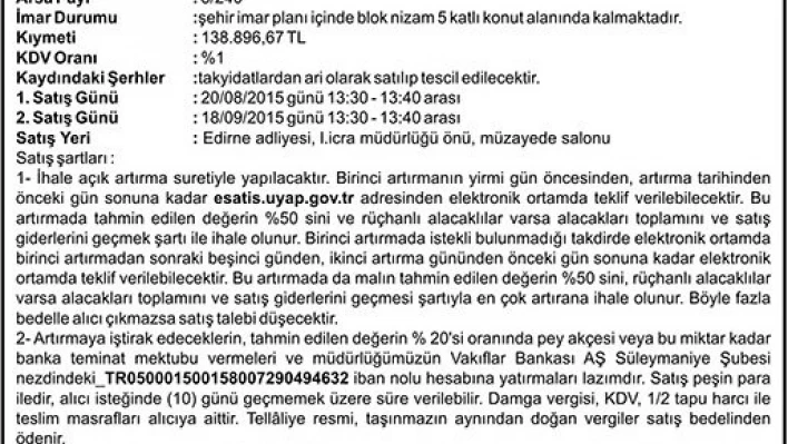 TAŞINMAZIN AÇIK ARTIRMA İLANI