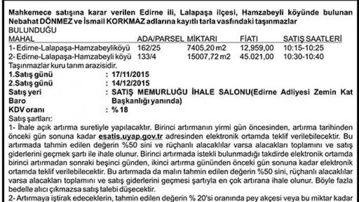 Taşınmazın Açık Artırma ilanı