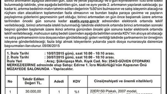 TAŞINIRIN AÇIK ARTIRMA İLANI