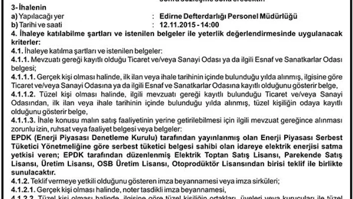 ELEKTRİK ENERJİSİ SATIN ALINACAKTIR